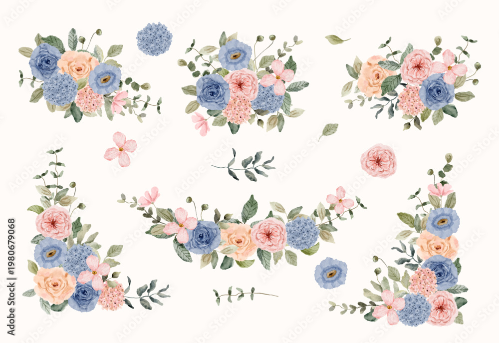 Obraz premium pink blue floral watercolor arrangement collection