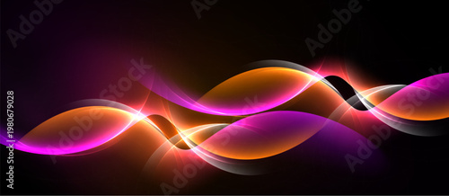 Abstract waves, vibrant colors, dynamic light effects. Smooth gradients create modern visual impact. Dark background enhances luminosity.