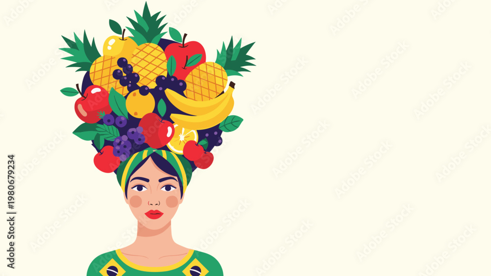 Fototapeta premium Vibrant portrait of a woman wearing a traditional Brazilian dress with a large, colorful assortment of tropical fruits on her head.