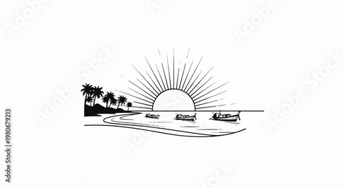 Sunrise over the ocean with palm trees and boats