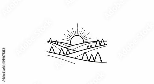 Sunrise over rolling hills with stylized trees in a minimalist outline
