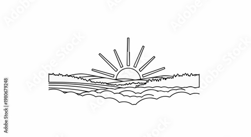 Sunrise over rolling hills and water, a simple outline design