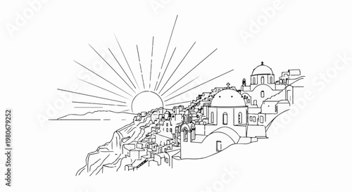 Sunrise over picturesque white coastal village with domed buildings