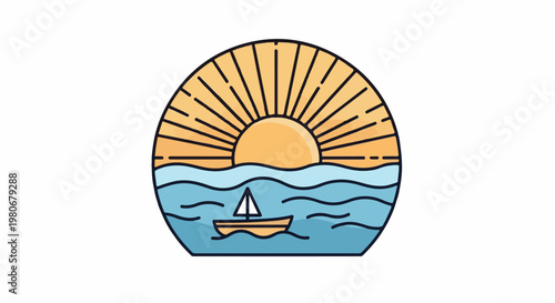 Sunrise over ocean with sailboat, stylized circular emblem