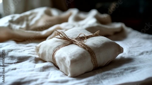 A beautifully wrapped gift in natural fabric placed on a soft linen surface, evoking warmth