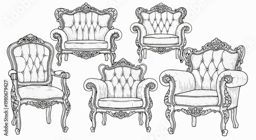 Vintage Baroque Armchair and Sofa Line Art Illustration Set