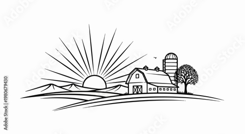 Sunrise over a rustic farm with a barn, silo, and tree