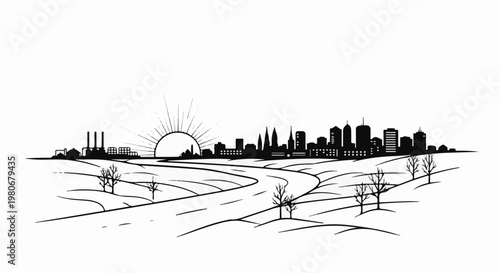 Sunrise over a sprawling city with a winding road and bare trees