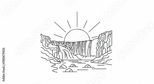 Sunrise over a powerful waterfall cascading down rocky cliffs into a serene river