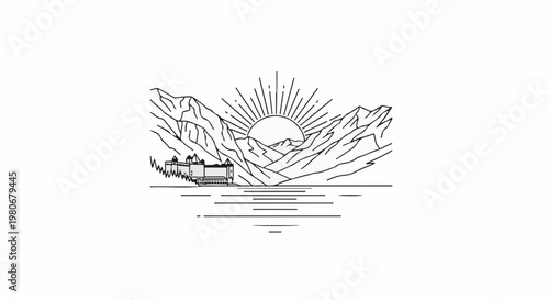 Sunrise over a lake with mountains and a building