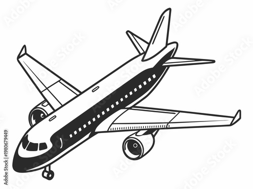 Commercial passenger jet banking in isolated white background