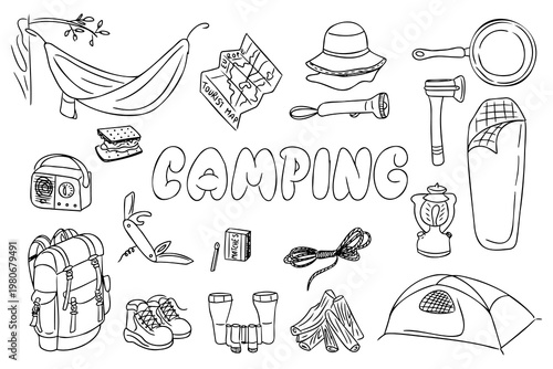 Camping equipment illustration featuring a backpack, tent, flashlight, hammock, and various outdoor gear arranged around the word CAMPING in a playful font