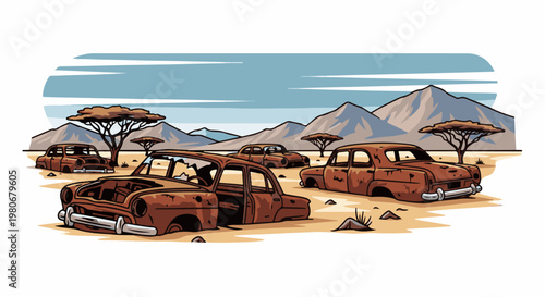 Sun-baked desert landscape with abandoned, rusted cars and sparse acacia trees