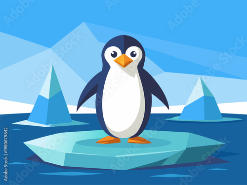 Cartoon penguin standing on ice floe in arctic waters