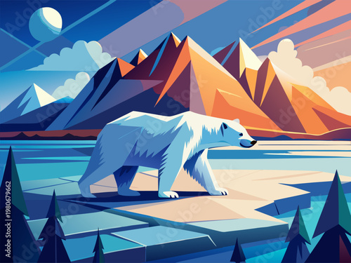 Polar bear walking across fractured ice near mountains