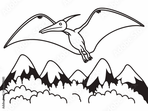 Pterosaur gliding above snowy peaks and forest canopy