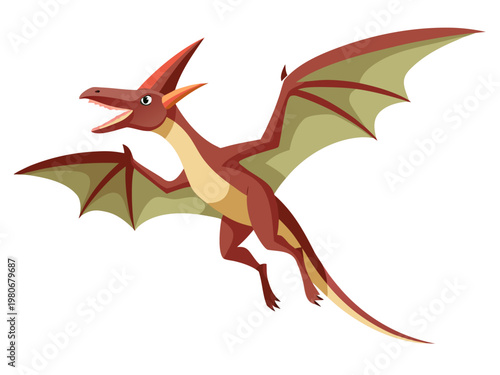 Pterosaur flying with open wings on plain white background