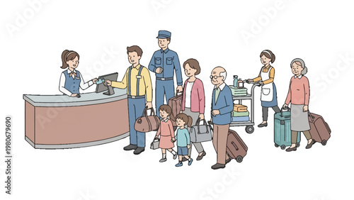 At the Hotel Reception: A scene of people at a hotel reception, ready for check-in with luggage in a line with a front desk staff is assisting guests. 