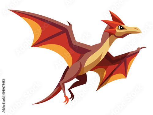 Pterosaur gliding with outstretched wings on white background