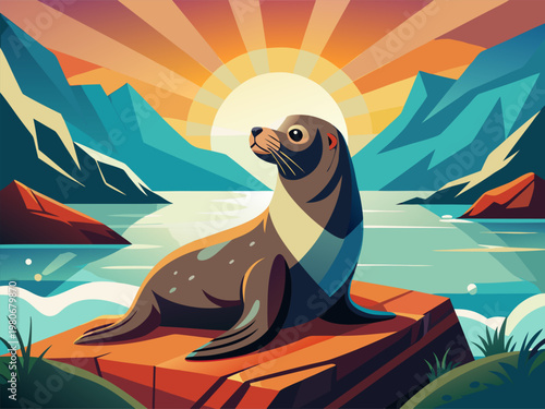 Sea lion basking on rock overlooking mountain bay at sunrise