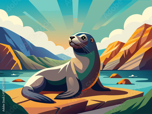 Sea lion sitting on rock near rocky shoreline at sunrise