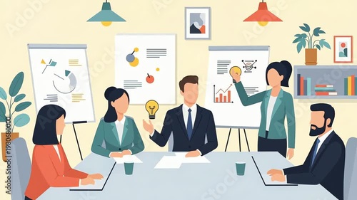 Business professionals having a productive team meeting in a contemporary office setting. Brainstorming new ideas and discussing market strategy. Flat illustration animated graphics