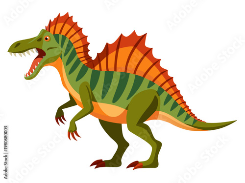 Striped dinosaur roaring and walking on plain white background