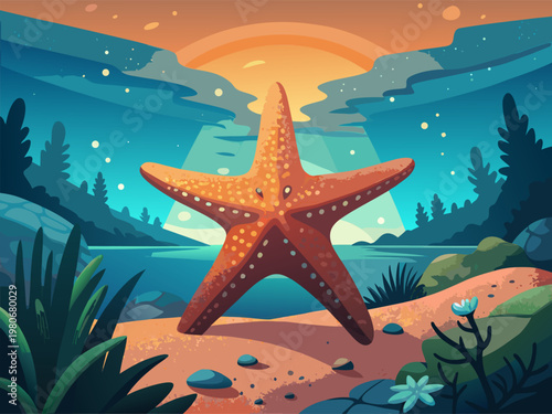 Starfish standing on sandy shore at sunset coastline