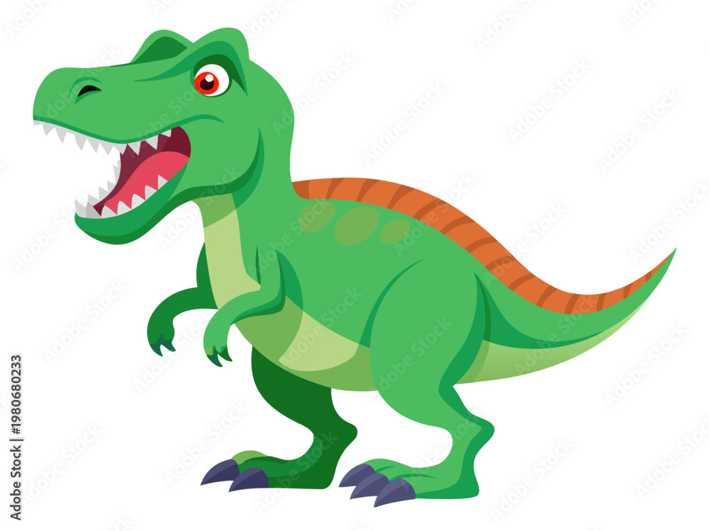Fototapeta premium Cartoon angry green dinosaur roaring on plain white background