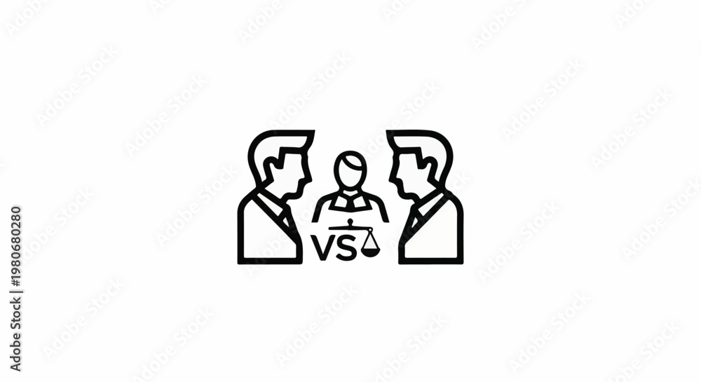 Fototapeta premium Two figures face each other across a judicial figure with scales of justice