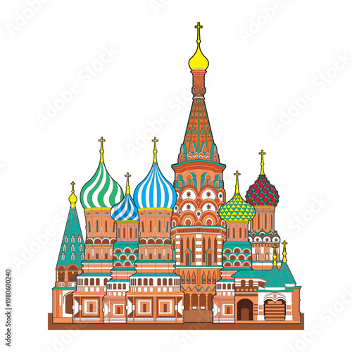 Line art illustration vector Symbols of Moscow Russia the Cathedral of Vasily the Blessed or Saint Basil Cathedral drawing in colorful cartoon vector