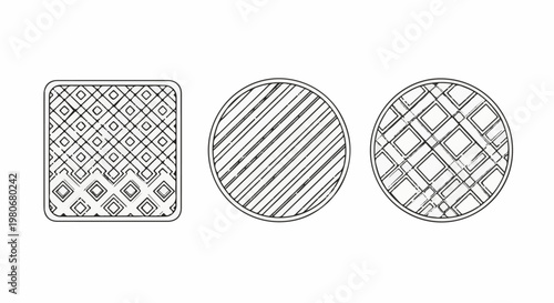 Three abstract geometric patterns a rounded square with diamonds, and two circles with lines/diamonds