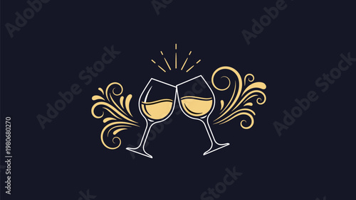 Elegant golden line art of two wine glasses clinking together with festive starbursts and decorative scrolls on a dark base.