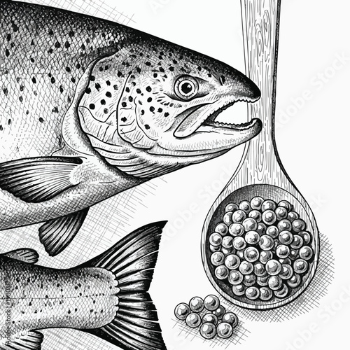 Detailed black and white illustration of a fish with fishing bait and tackle