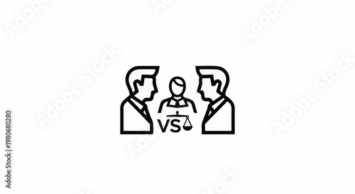 Two figures face each other across a judicial figure with scales of justice