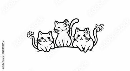 Three adorable kittens, two with flowers in their hair, sit together