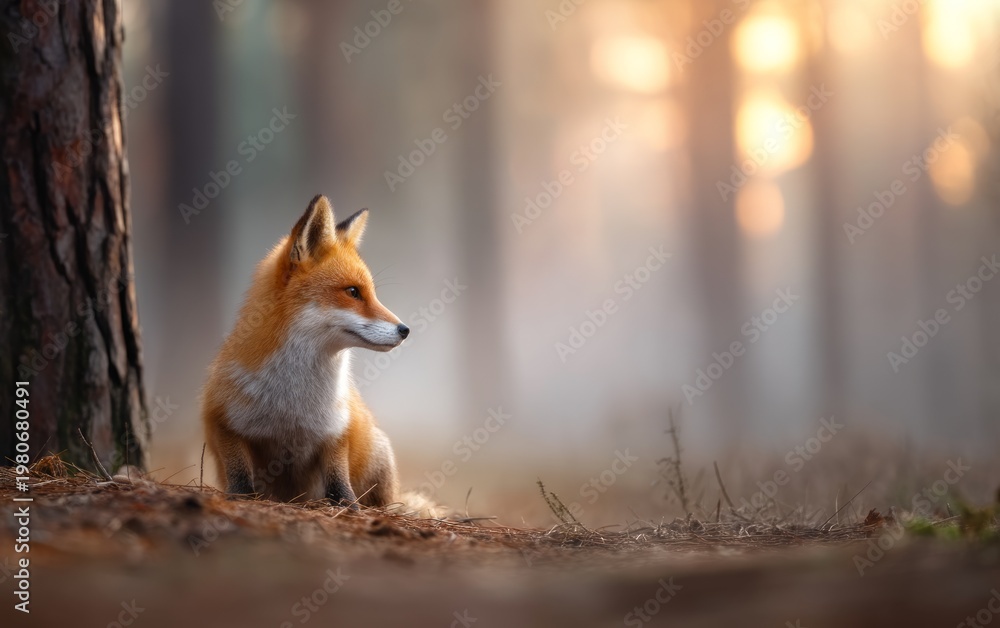 Fototapeta premium Red Fox Sitting Quietly at the Edge of a Misty Forest at Sunrise