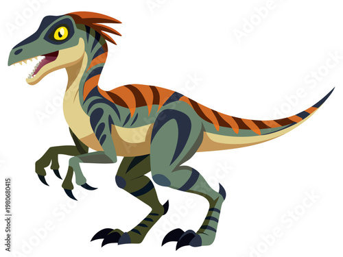 Striped raptor running with open mouth on white background
