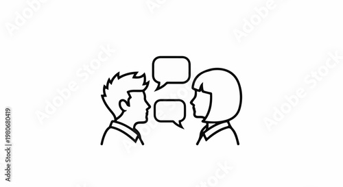 Two figures converse via speech bubbles