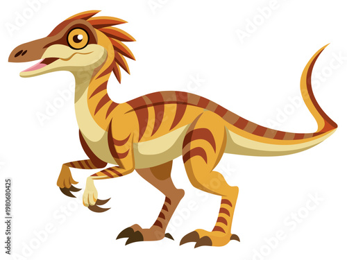 Small raptor dinosaur standing in colorful cartoon on white background
