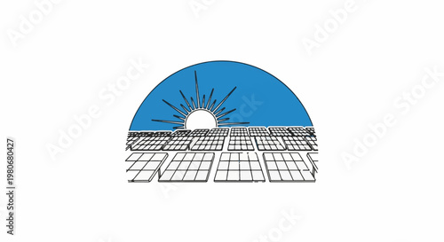 Sun setting over solar panels in a stylized artistic depiction