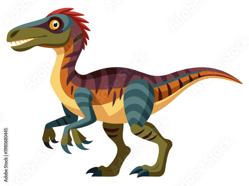 Colorful raptor dinosaur walking with striped markings on white