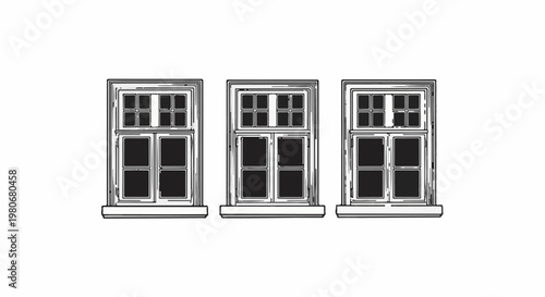 Three antique windows, graphic illustration, architectural detail