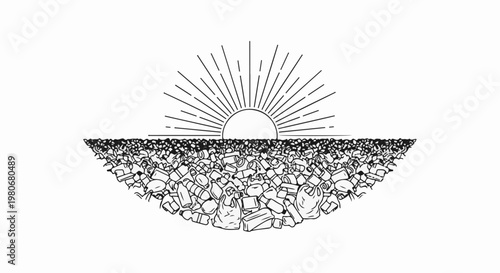 Sun rising over a vast field of trash and plastic waste