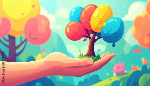 Colorful hand holding cartoon tree with vibrant balloons in bright sunlight