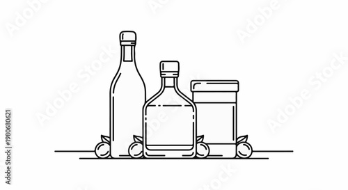 Three assorted containers, two bottles and one jar, with fruit