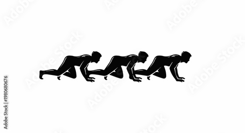 Three black human silhouettes crawl forward in unison on a white background