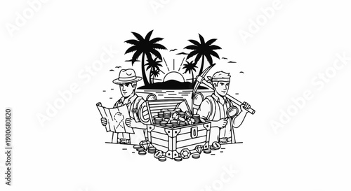 Two adventurers with map and pickaxe discover a treasure chest on a tropical island