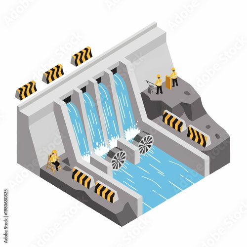 Hydroelectric dam with workers and turbines generating power.