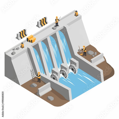Isometric illustration of hydroelectric dam with workers.